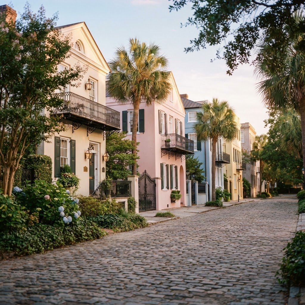Historic Lowcountry homes on a quiet Charleston street at golden hour